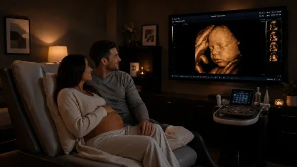 Expecting parents watching a 4D scan on the studio screen
